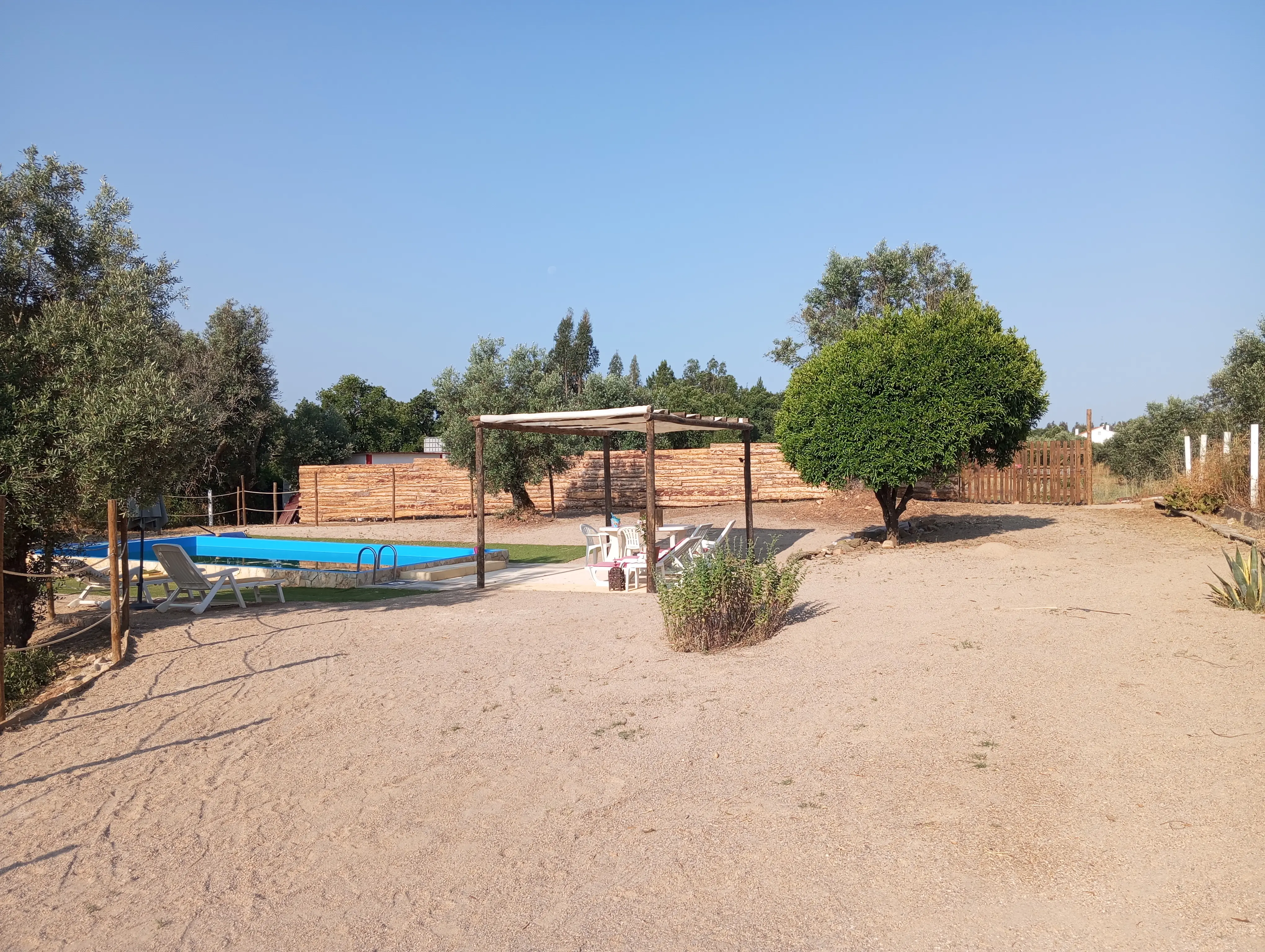 A piscina e a pérgula vistas do lado da Casa Pequena, entre oliveiras